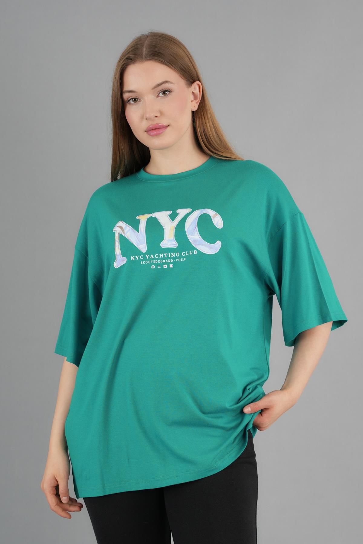 Geniş Kalıp Bisiklet Yaka Baskılı Kısa Kollu T-Shirt