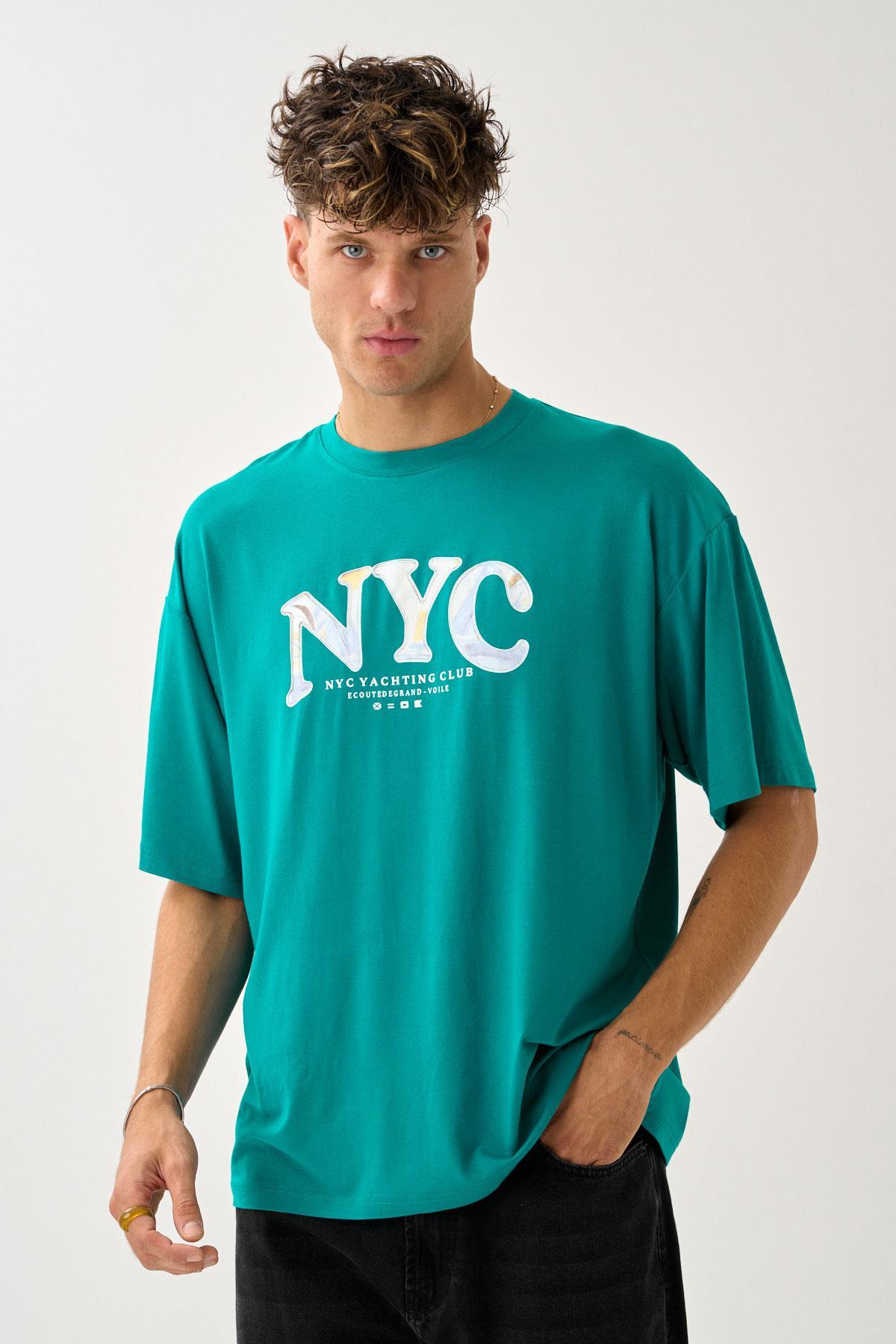 Geniş Kalıp Bisiklet Yaka Baskılı Unisex T-Shirt