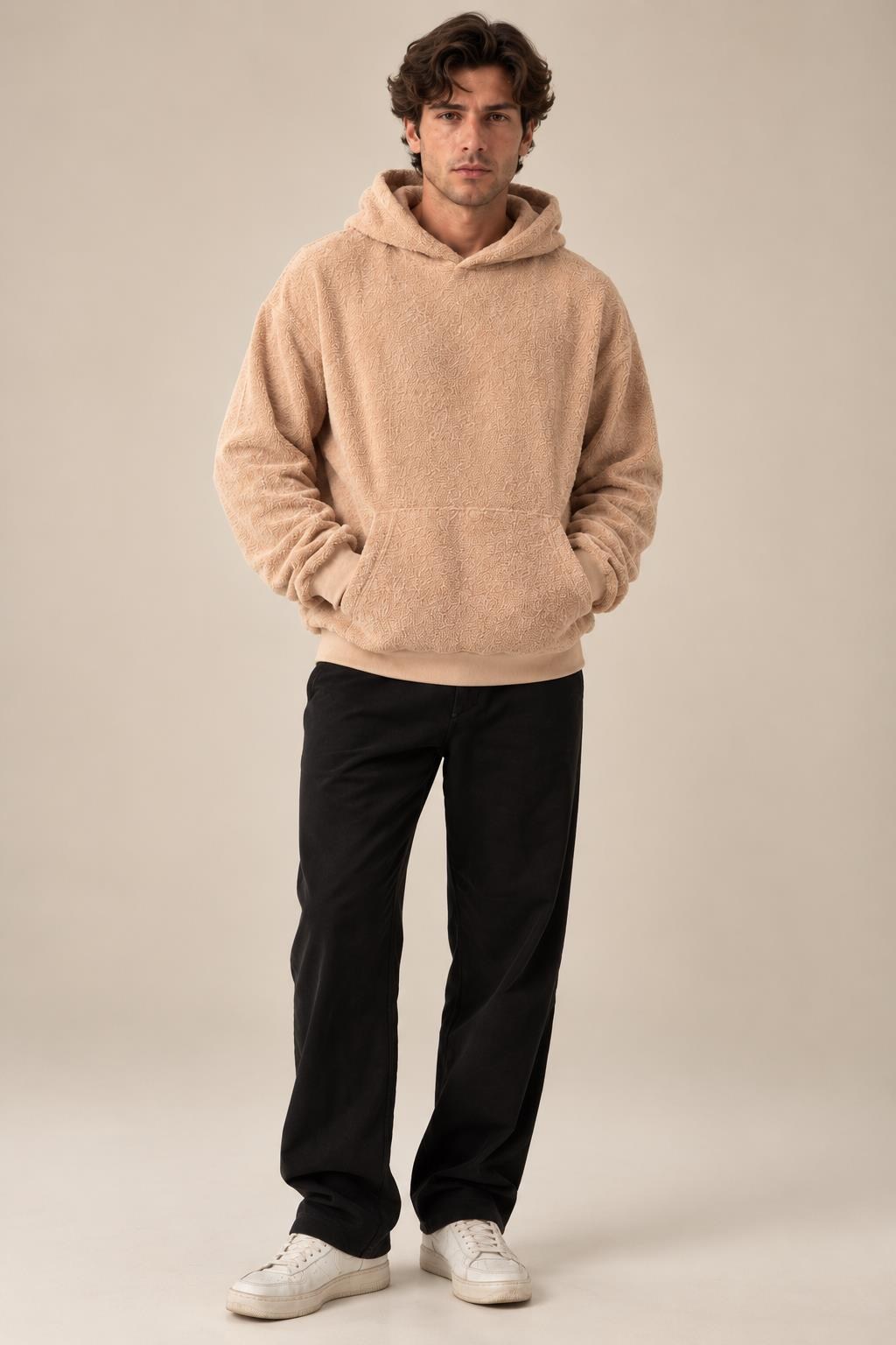 Havlu Dokulu Kapüşonlu Oversize Sweatshirt