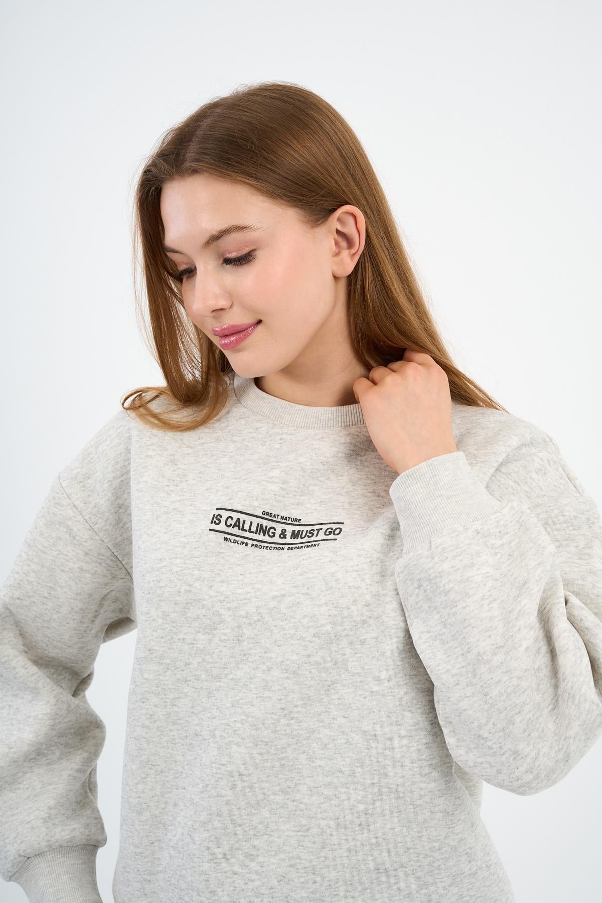 İÇİ POLARLI BASKI DETAYLI SWEATSHIRT (B23-37401)