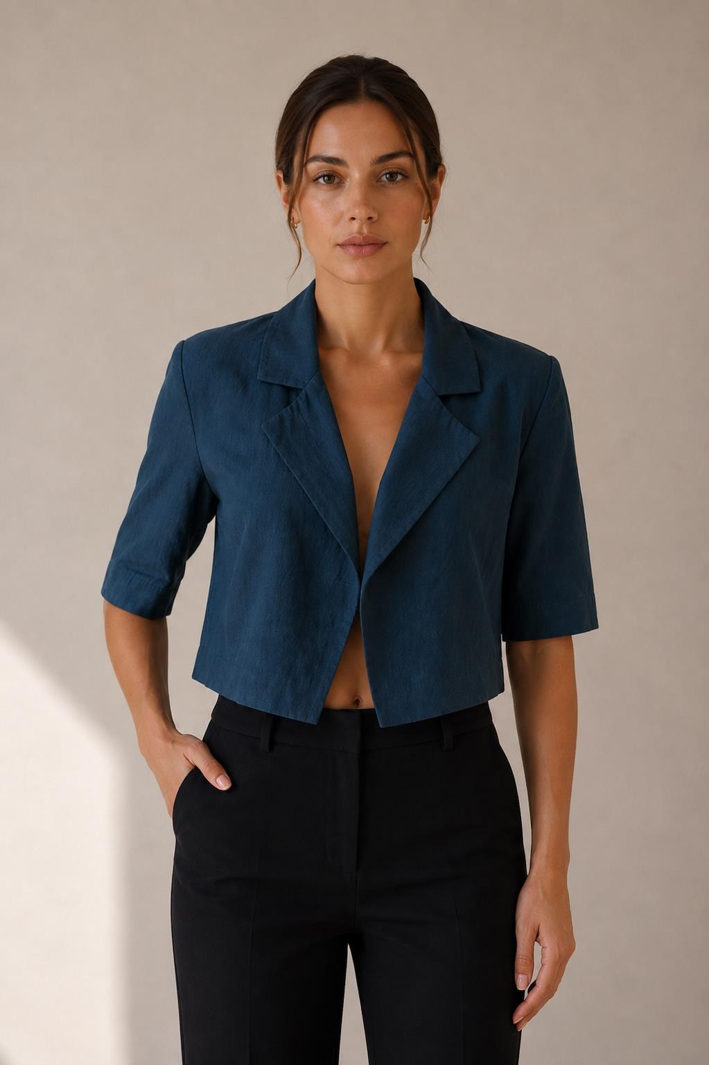 Keten Kısa Kollu Crop Blazer Ceket