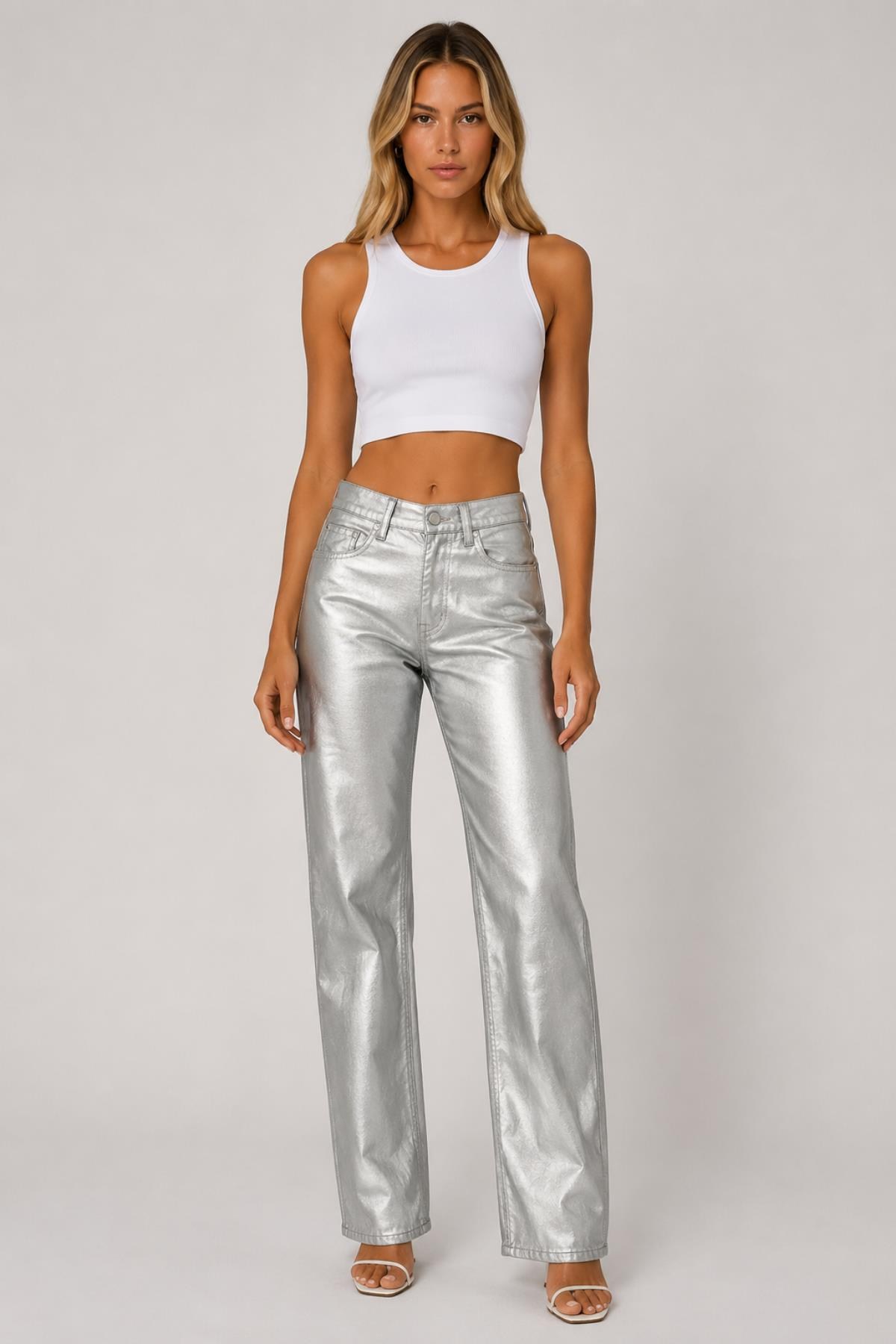 Metalik Görünümlü Wide Leg Pantolon