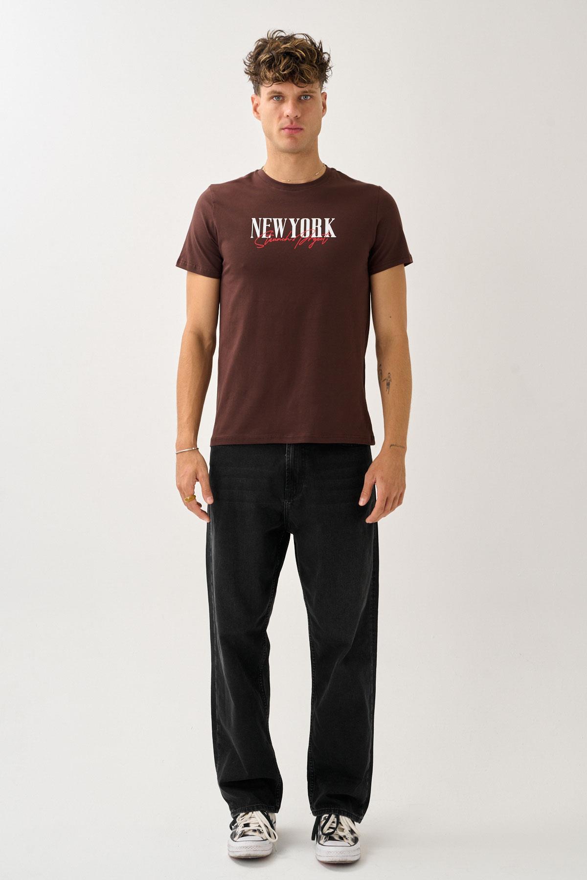 Oversize Bisiklet Yaka Baskılı T-Shirt