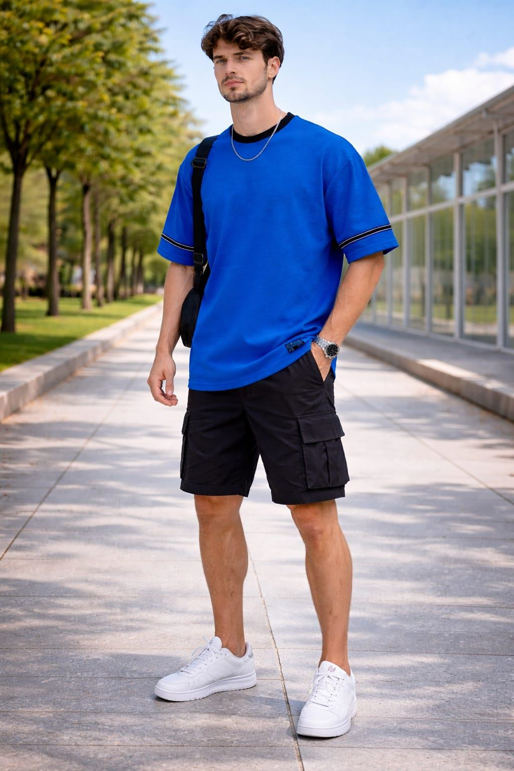 Şerit Detaylı Kontrast Yaka Basic T-Shirt