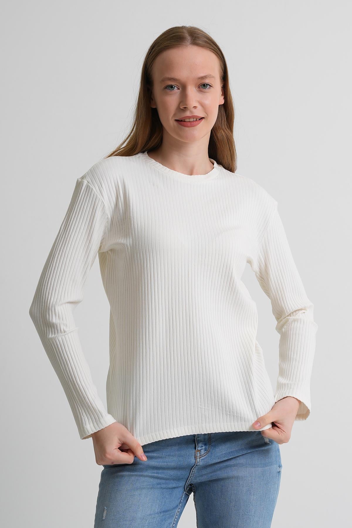 Uzun Kollu Fitilli Basic Kadın Sweatshirt