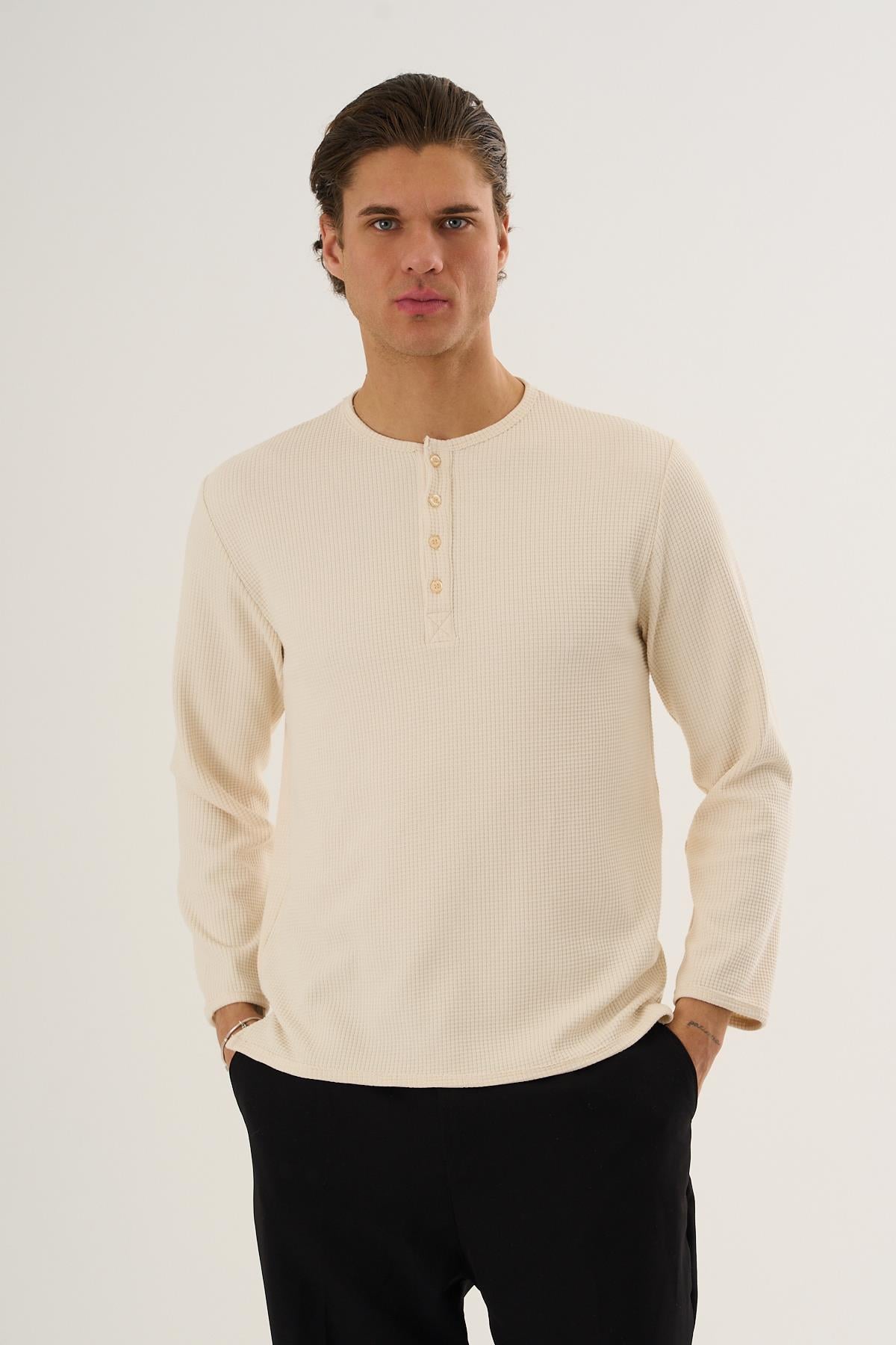 Waffle Kumaş Düğmeli Yaka Uzun Kollu Sweatshirt