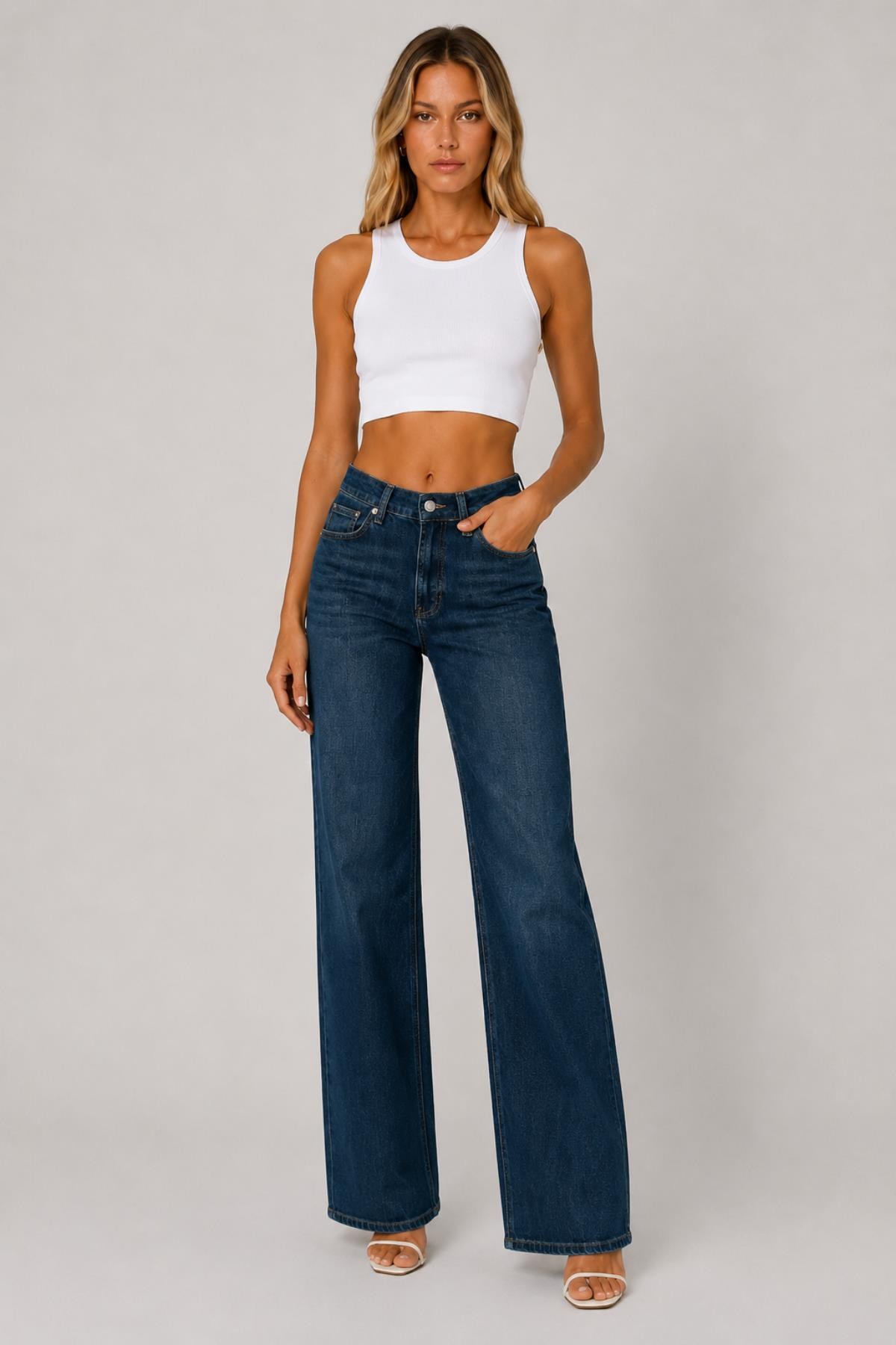 Wide Leg Likralı Denim Pantolon