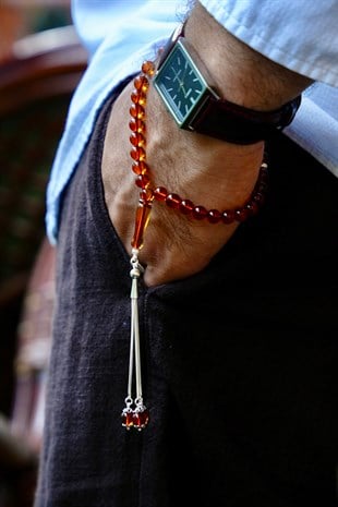 Bilek Boy Orjinal Damla Kehribar Gümüş Tasarım Tesbih (Amber), (مسبحة قطرة كهريبار)