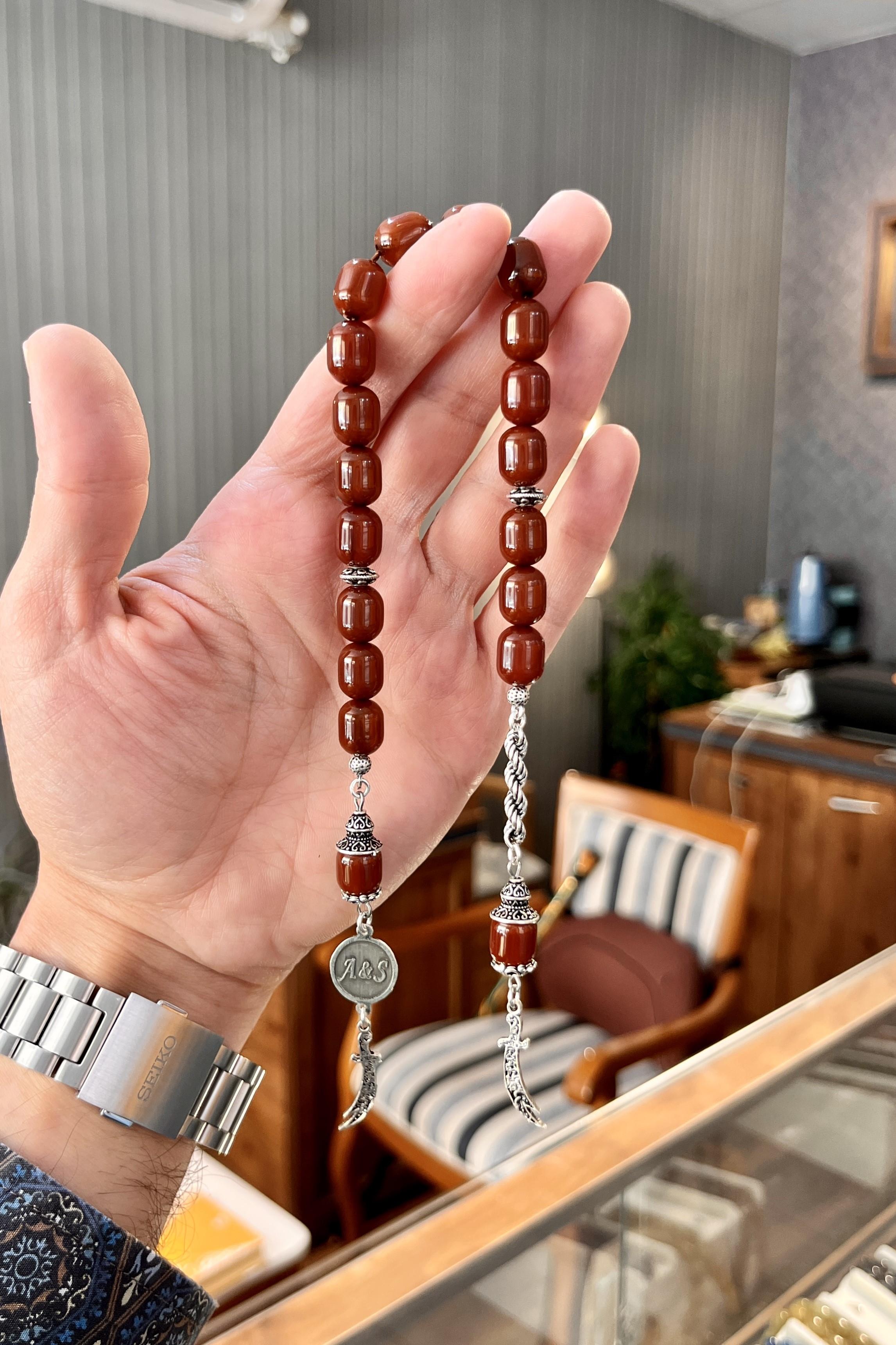 Personalized Pressed Amber Silver Design Zaza Prayer Beads