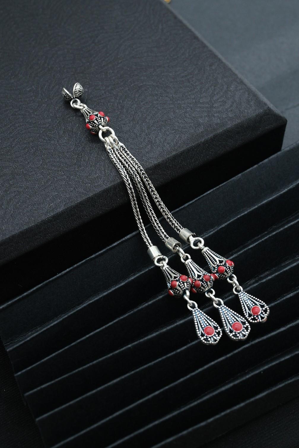 3'Lü Red Enamel Handcrafted Silver Tassel