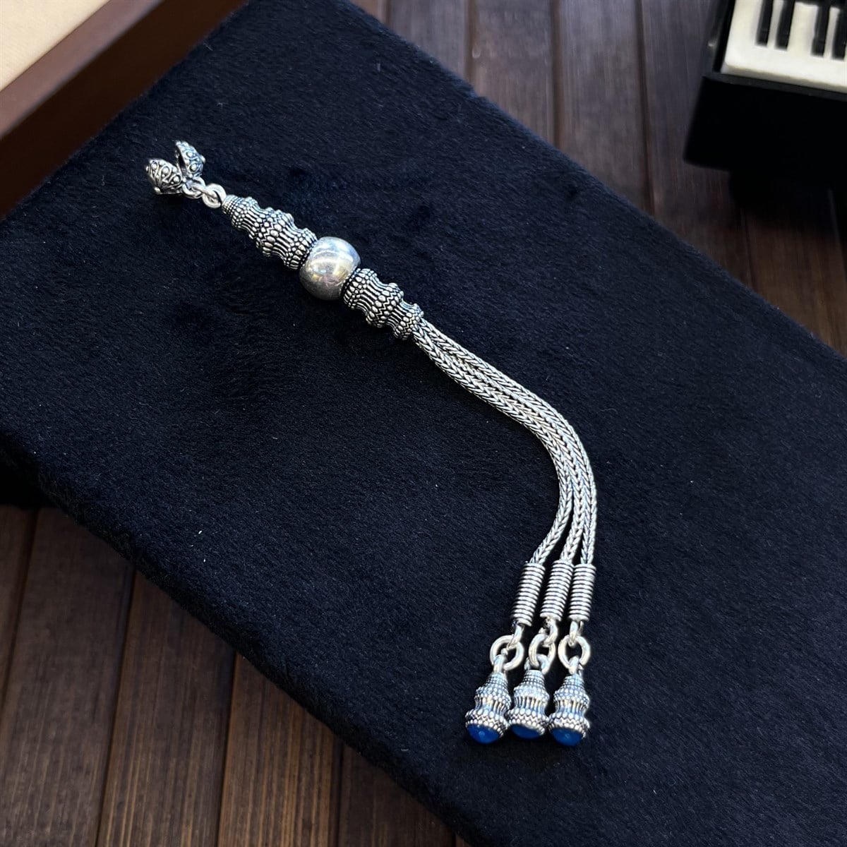 3'lü Blue Enamel Engraved Silver Tassel