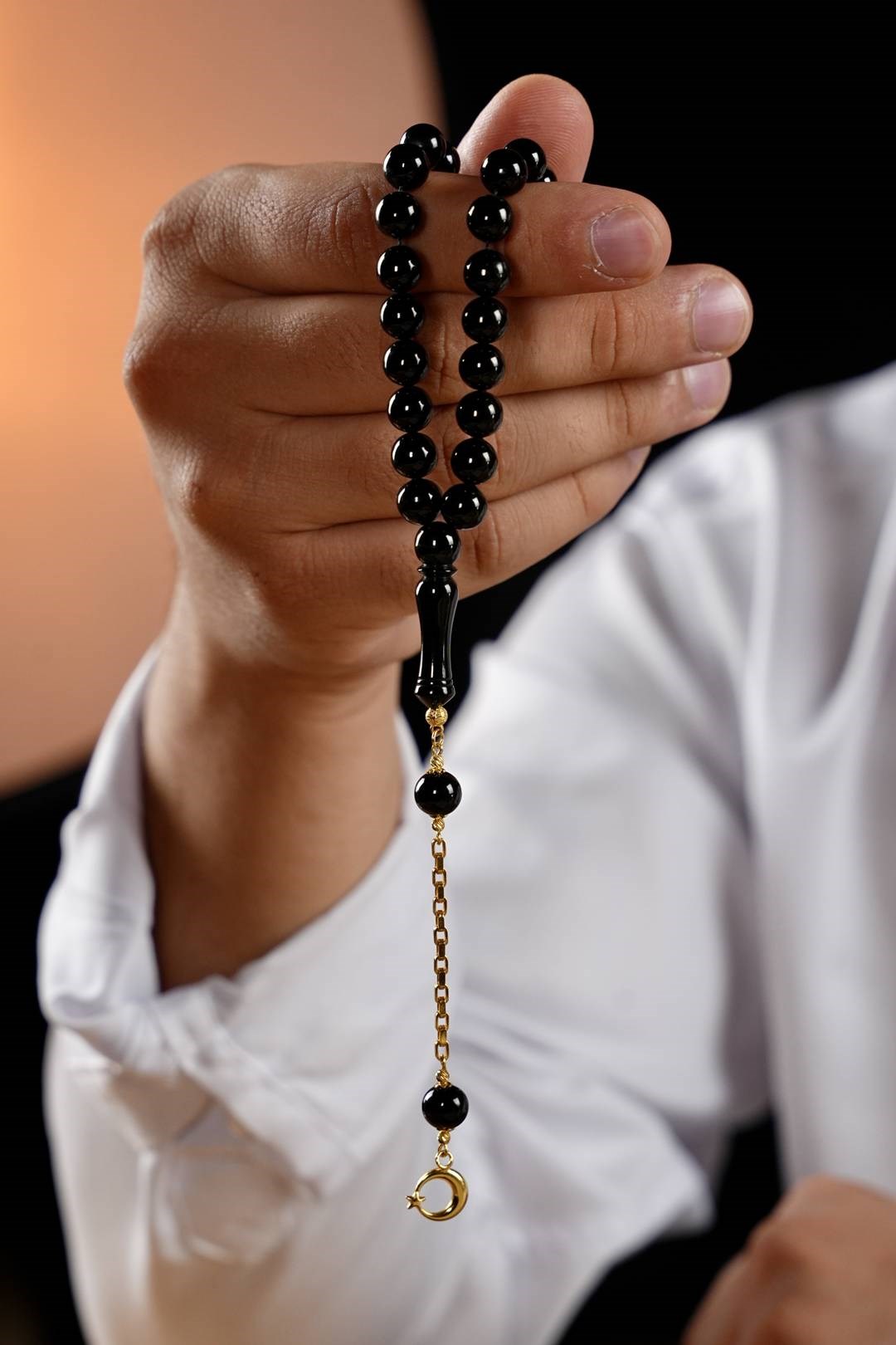 Gold Star and Crescent Tasselled Oltu Stone Prayer Beads Koleksiyonluk