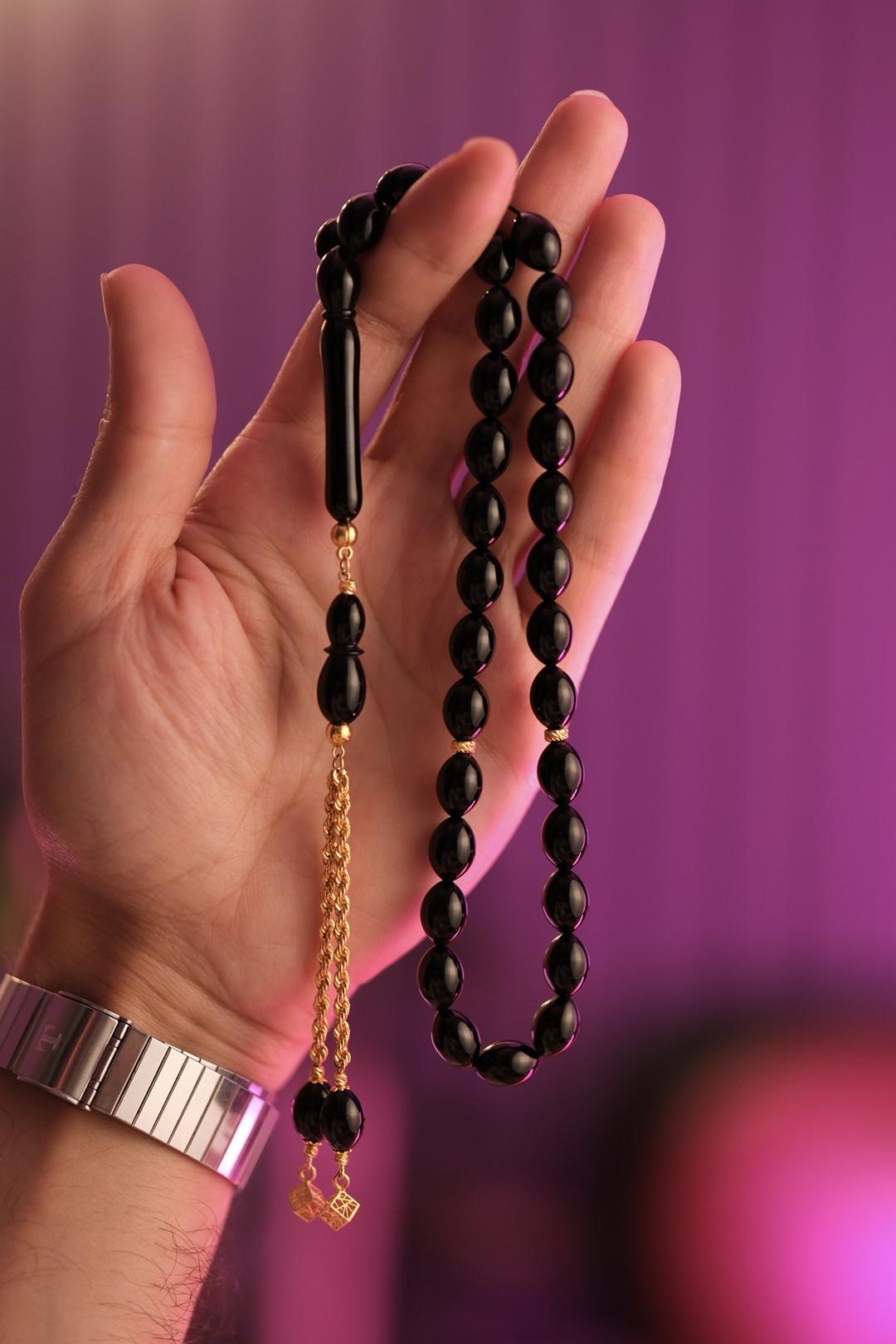 Premium Gold Tasselled Oltu Stone Prayer Beads Koleksiyonluk