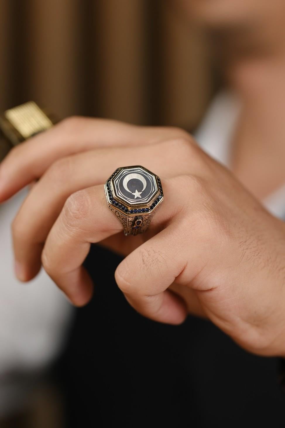 Star and Crescent Design Handcrafted Black Stone-set 925 K Silver Ring Kağan Turkish