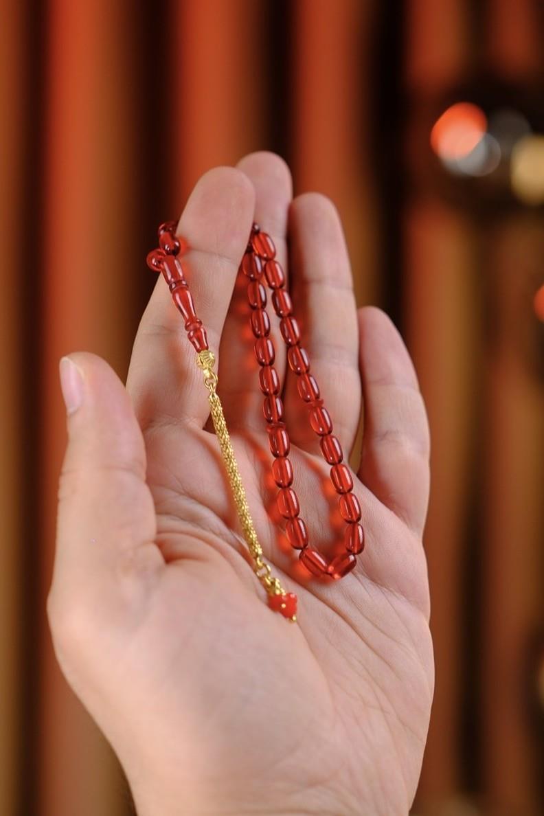Bilek Size Gold Design Silver Tassel Orange Fire-i Pressed Amber Prayer Beads