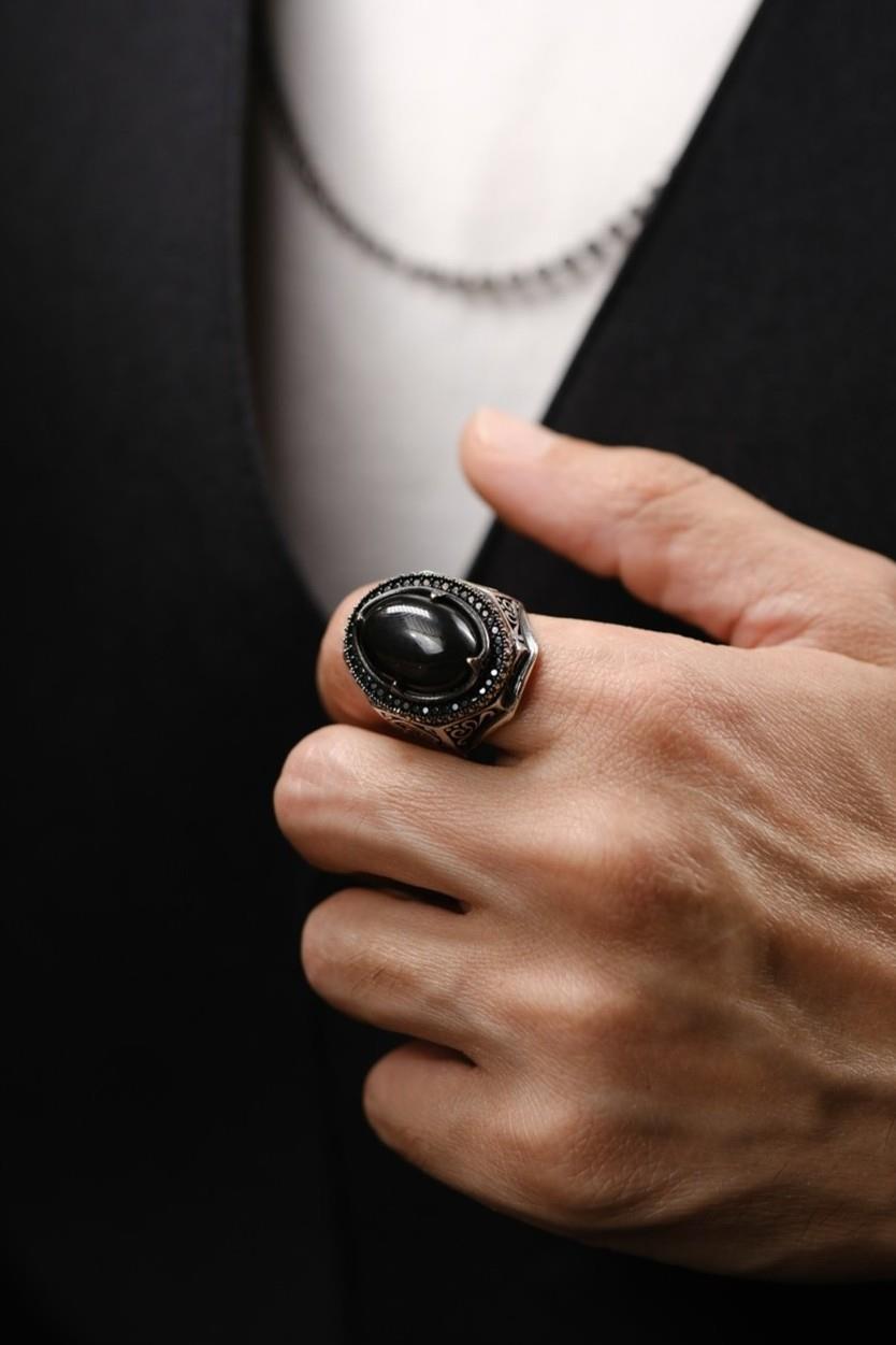 Çelebi Serisi Handcrafted Black Stone-set 925 K Silver Ring