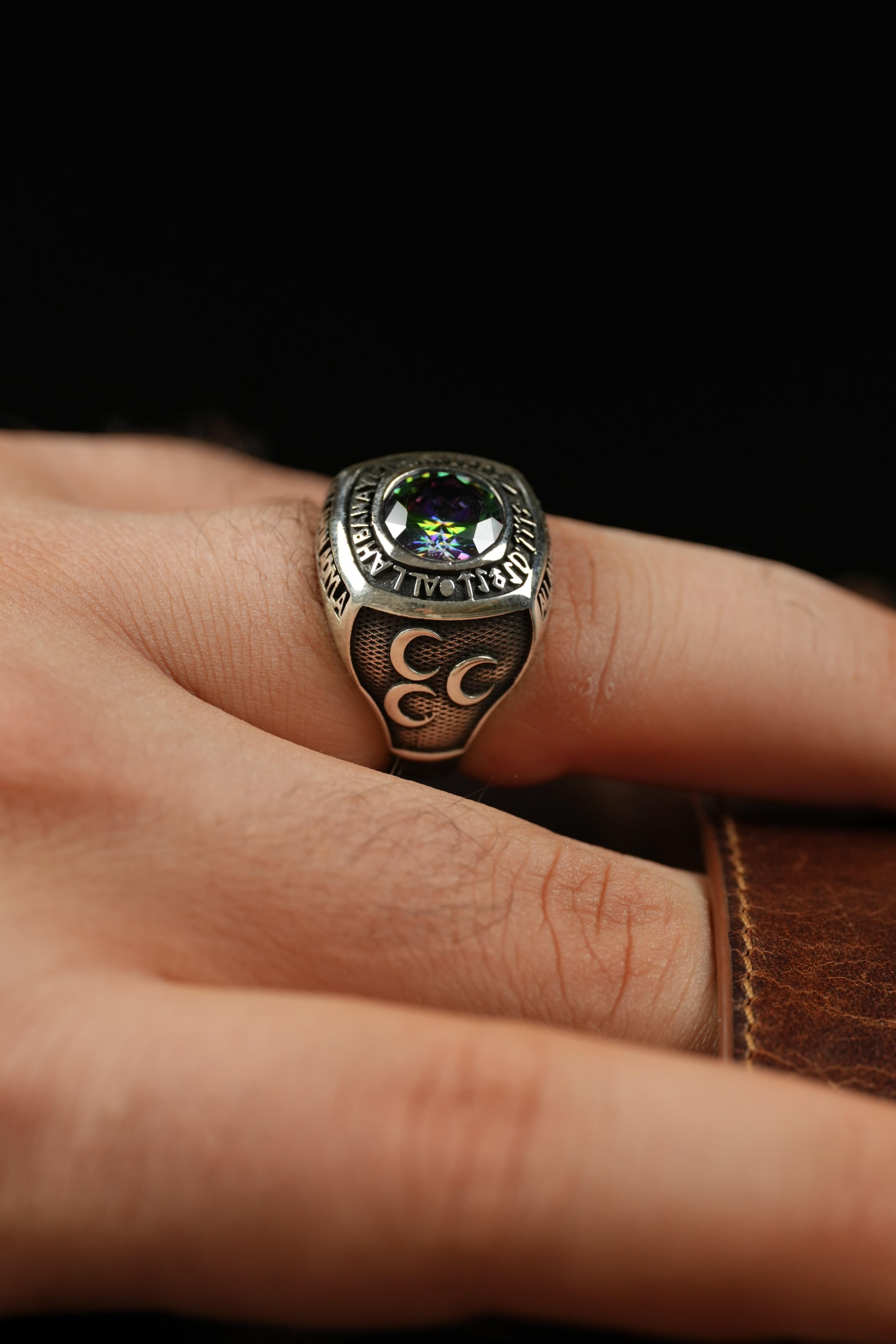 Handcrafted Allah Bana Yeter Engraved Star and Crescent & Three Hilal Motif Silver Ring