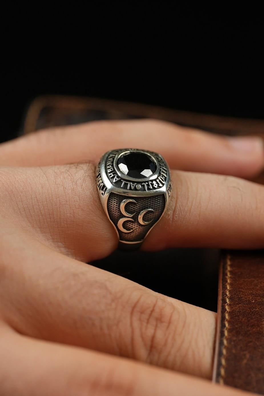 Handcrafted Allah Bana Yeter Engraved Star and Crescent & Three Hilal Motif Silver Ring