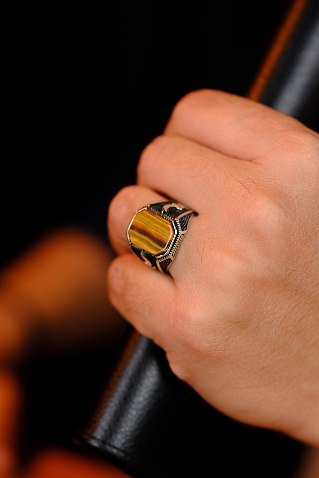 Handcrafted Tiger's Eye Stone-set Zülfikar Sword Design Silver Ring