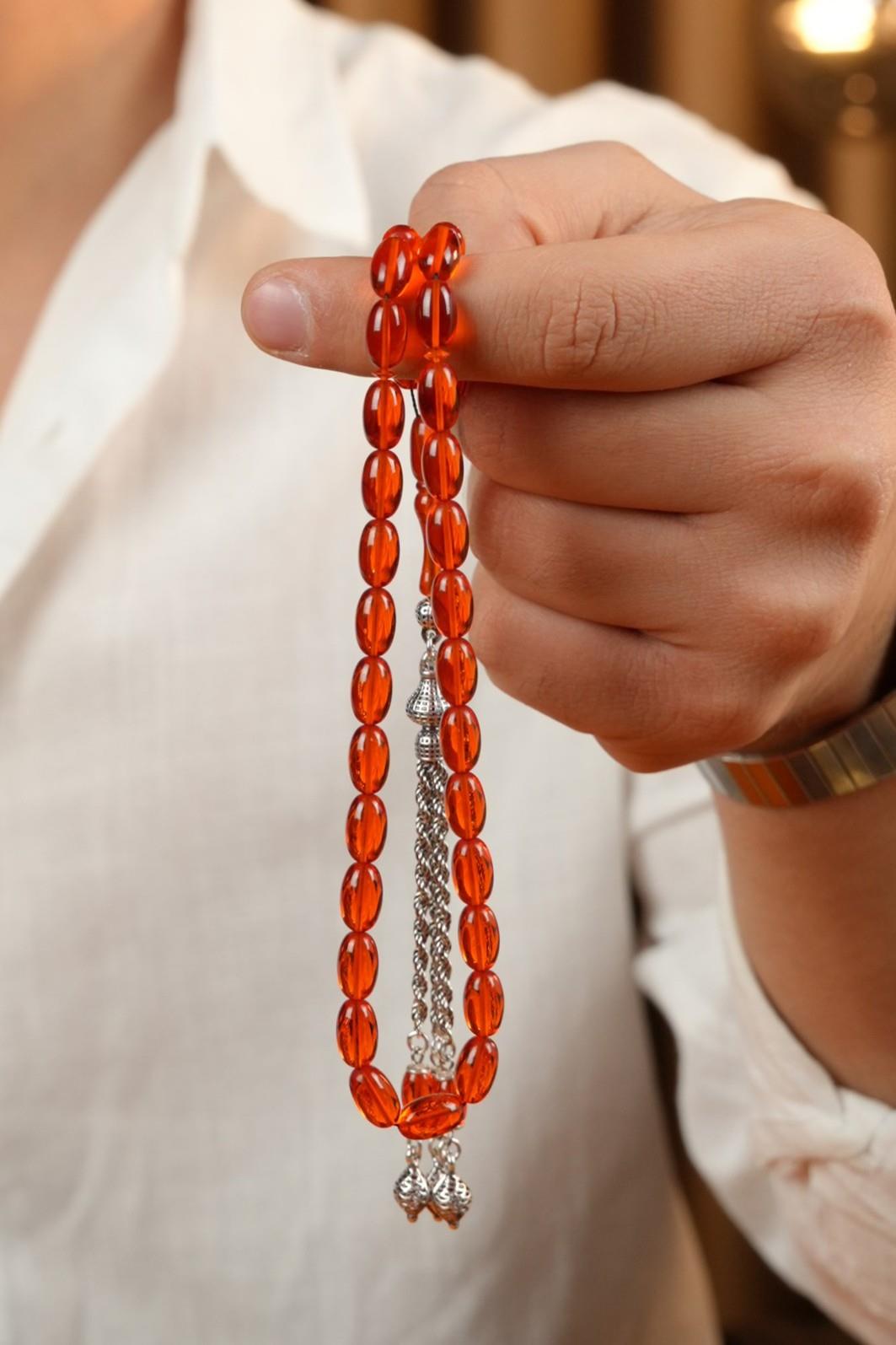 Eşref Serisi Silver Design Orange Pressed Amber Prayer Beads