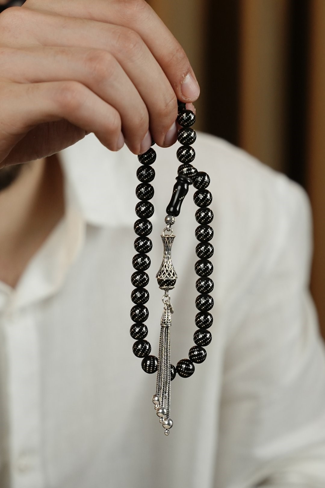 Silver Engraved Oltu Stone Prayer Beads