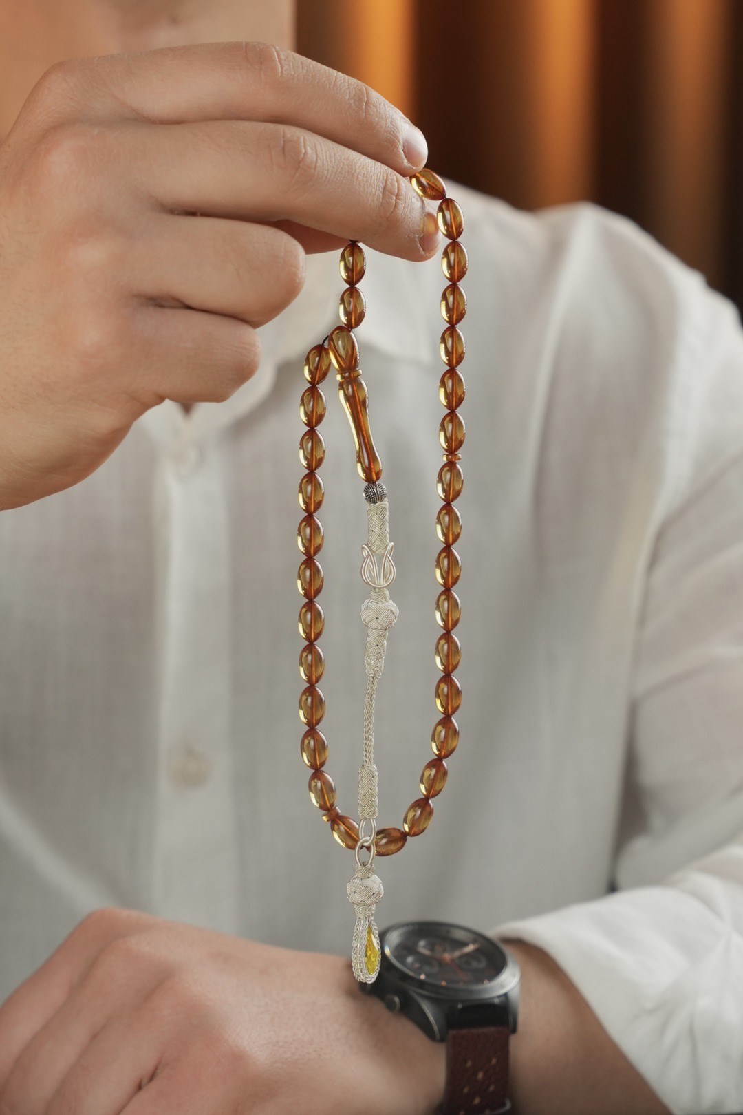 Kazaz Tasselled Beyzi Orange Pressed Amber Prayer Beads