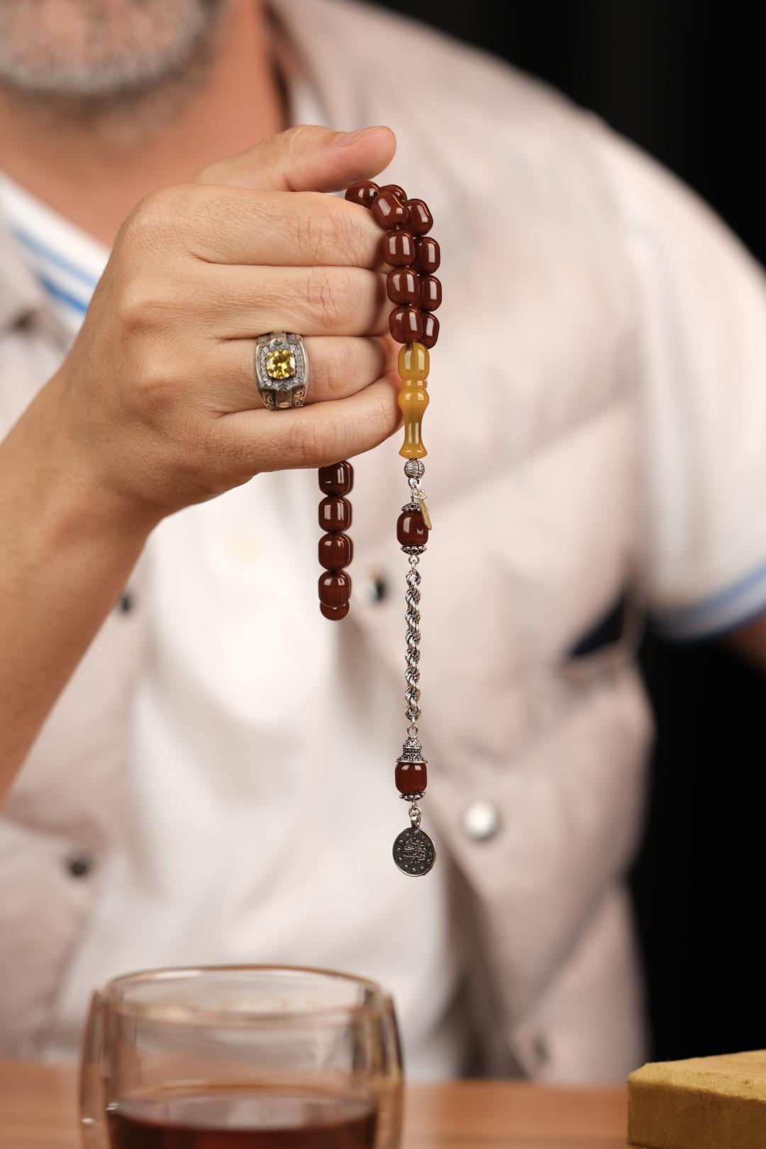 Kahverengi Silver Tassel Traşlı İmame New Pressed Amber Prayer Beads