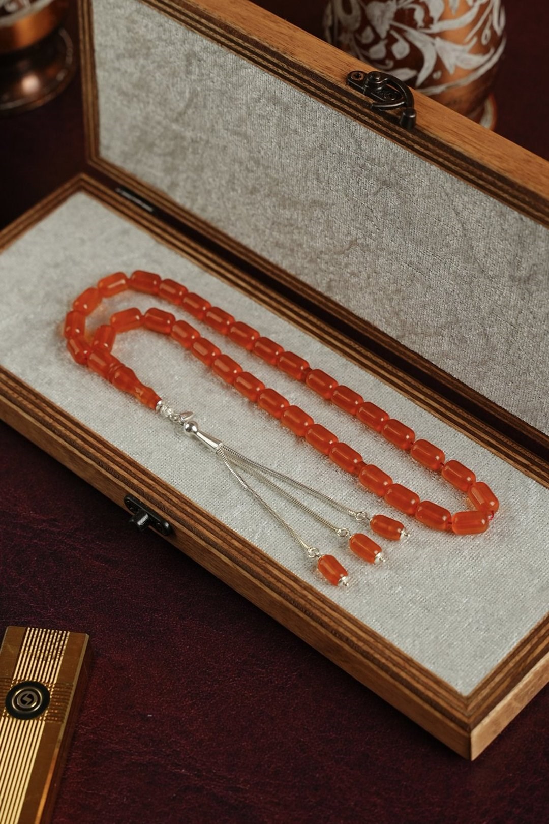 Silver Design Capsule Orange Fire-i Pressed Amber Prayer Beads