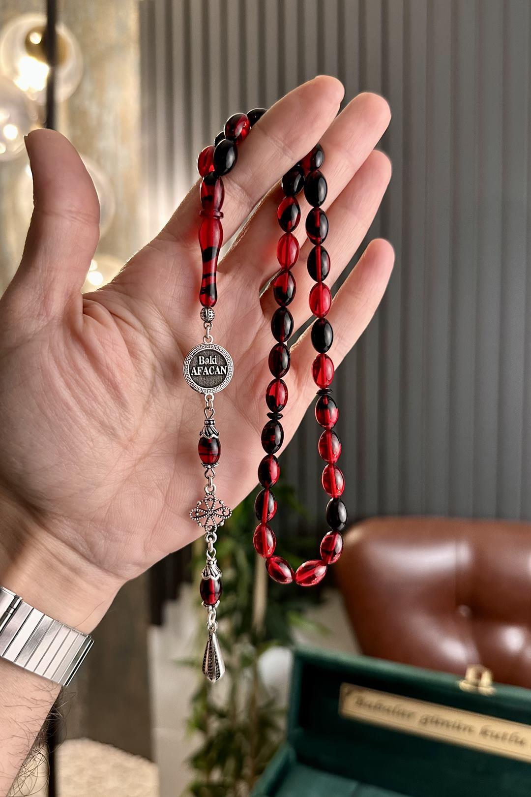 Personalized Prayer Beads Pressed Amber Silver Design