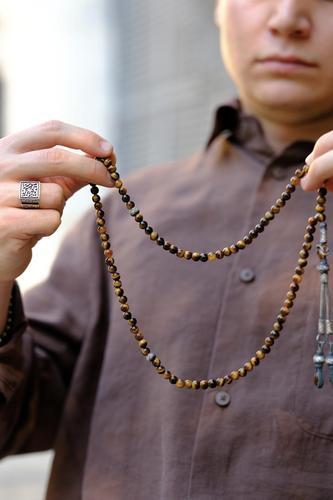 Tiger's Eye Namaz Prayer Beads Silver Kazaziye Woven Designed