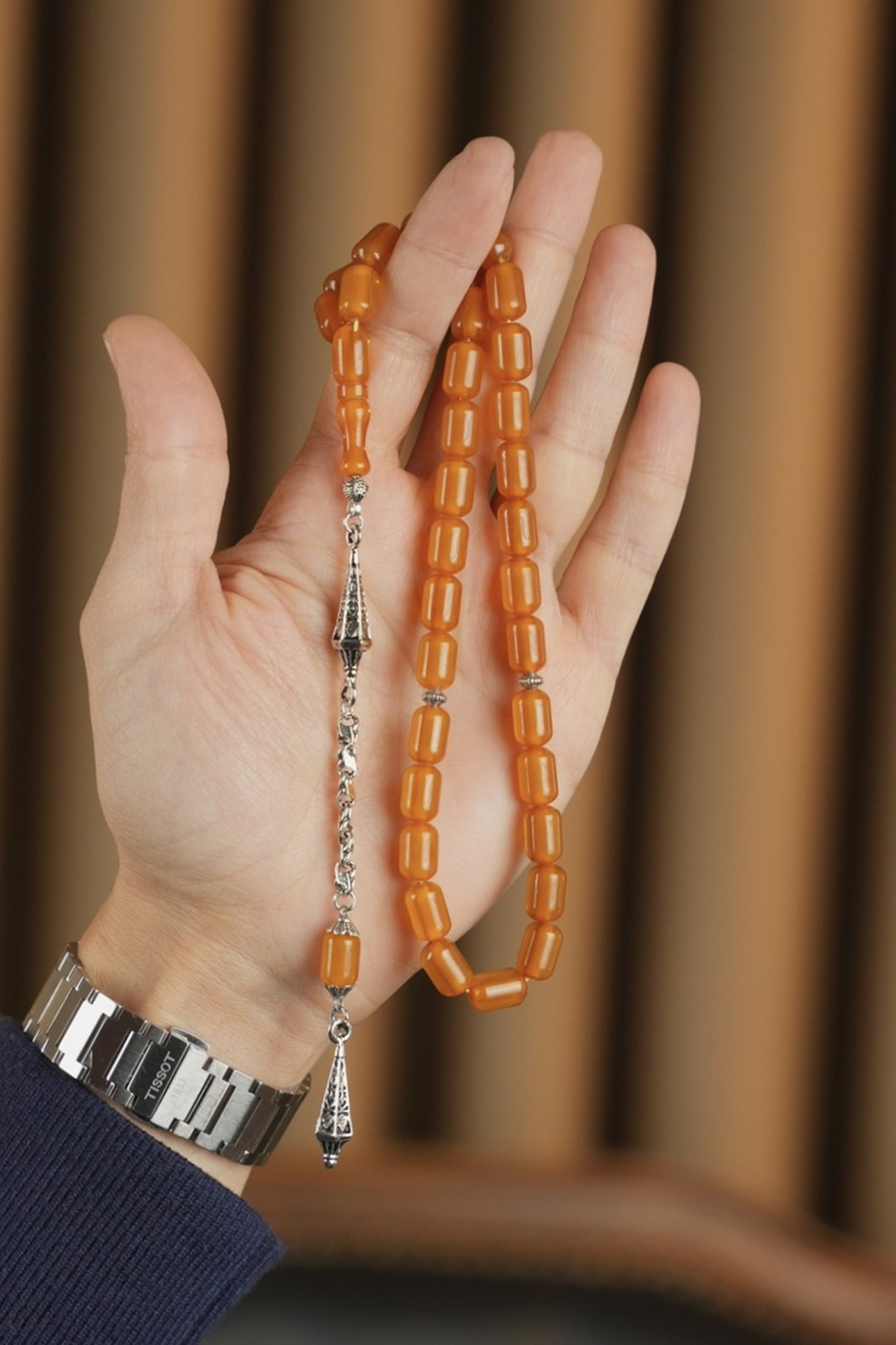 Capsule Metal Design Orange Fire-i Pressed Amber Prayer Beads