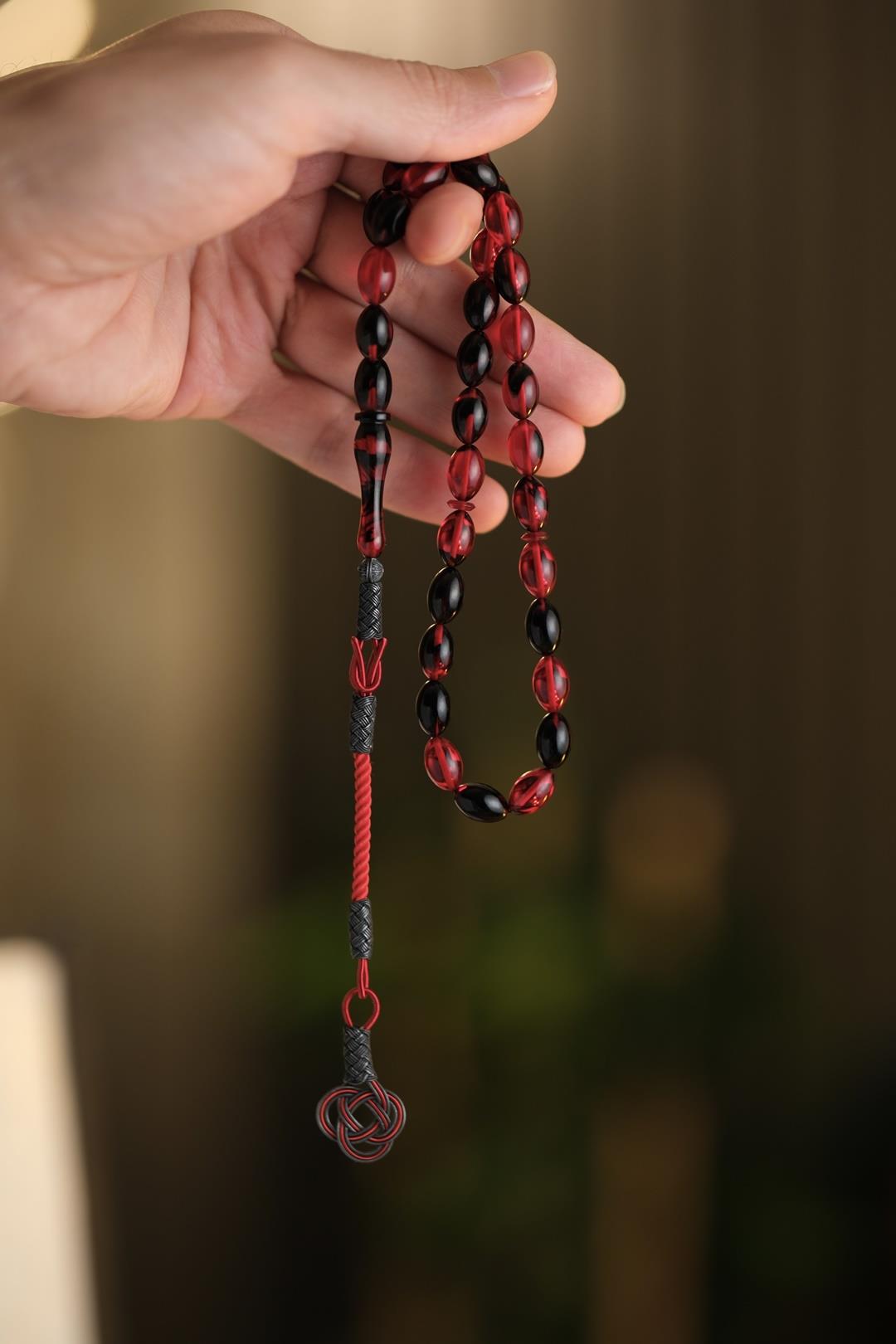 Silver Kazaziye Woven Red Black Moiré Pressed Amber