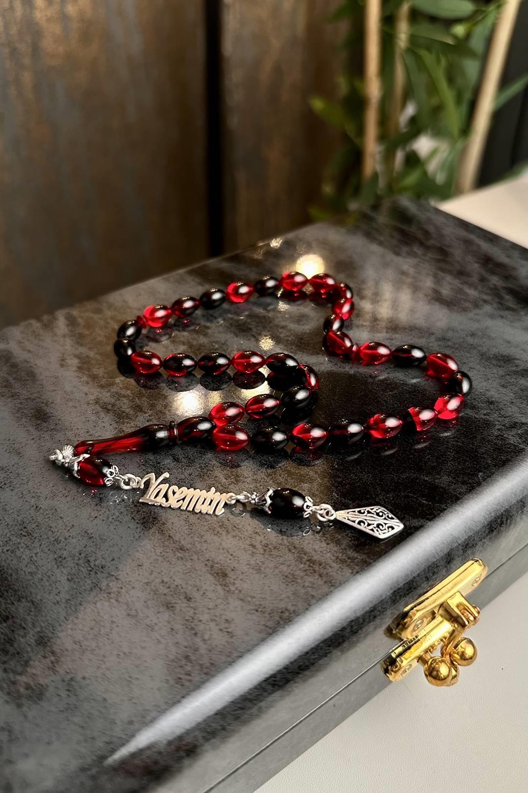 Personalized Silver Design Red Fire-i Amber Prayer Beads