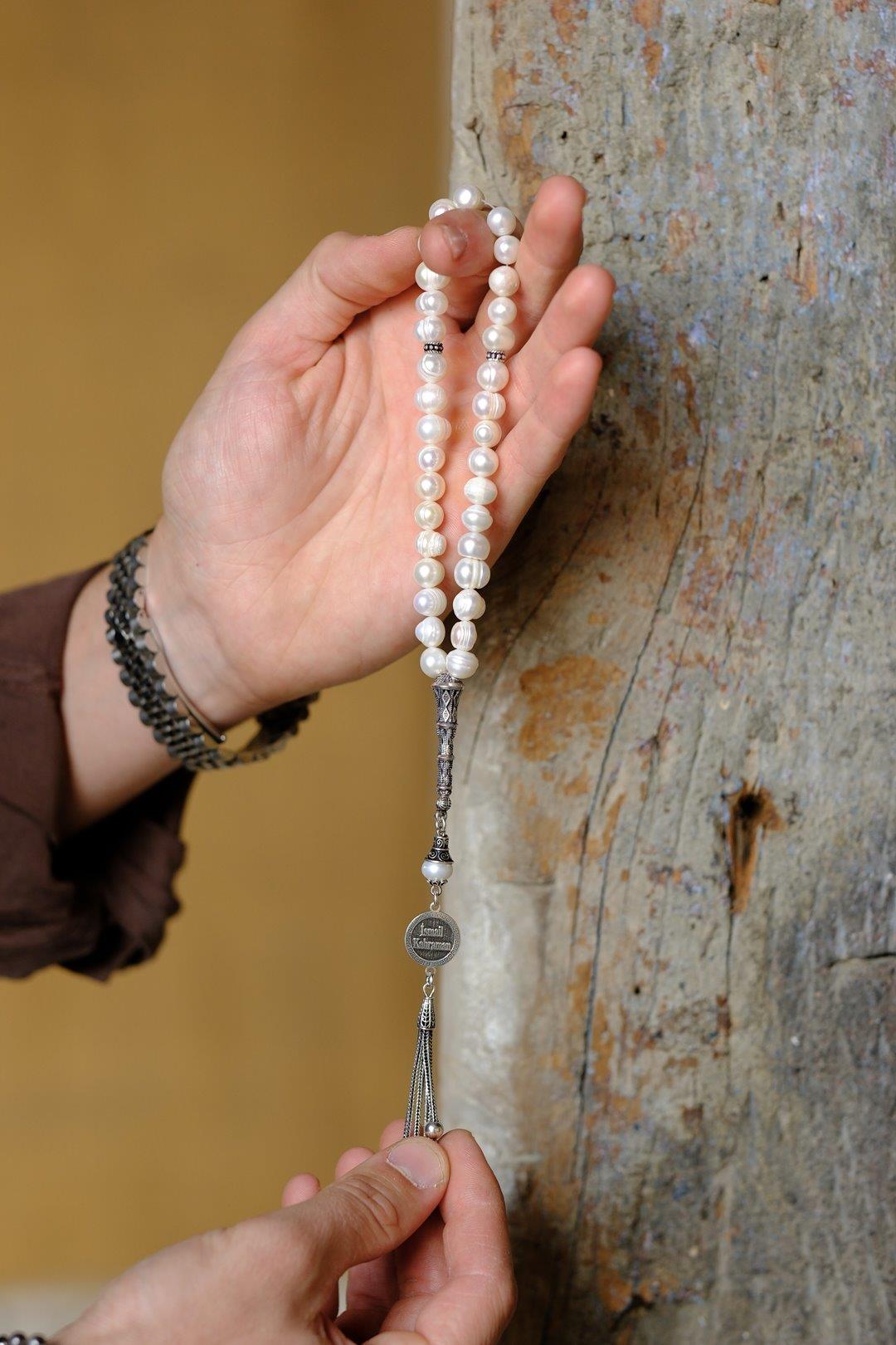 Personalized Gift Silver Design Pearl Prayer Beads