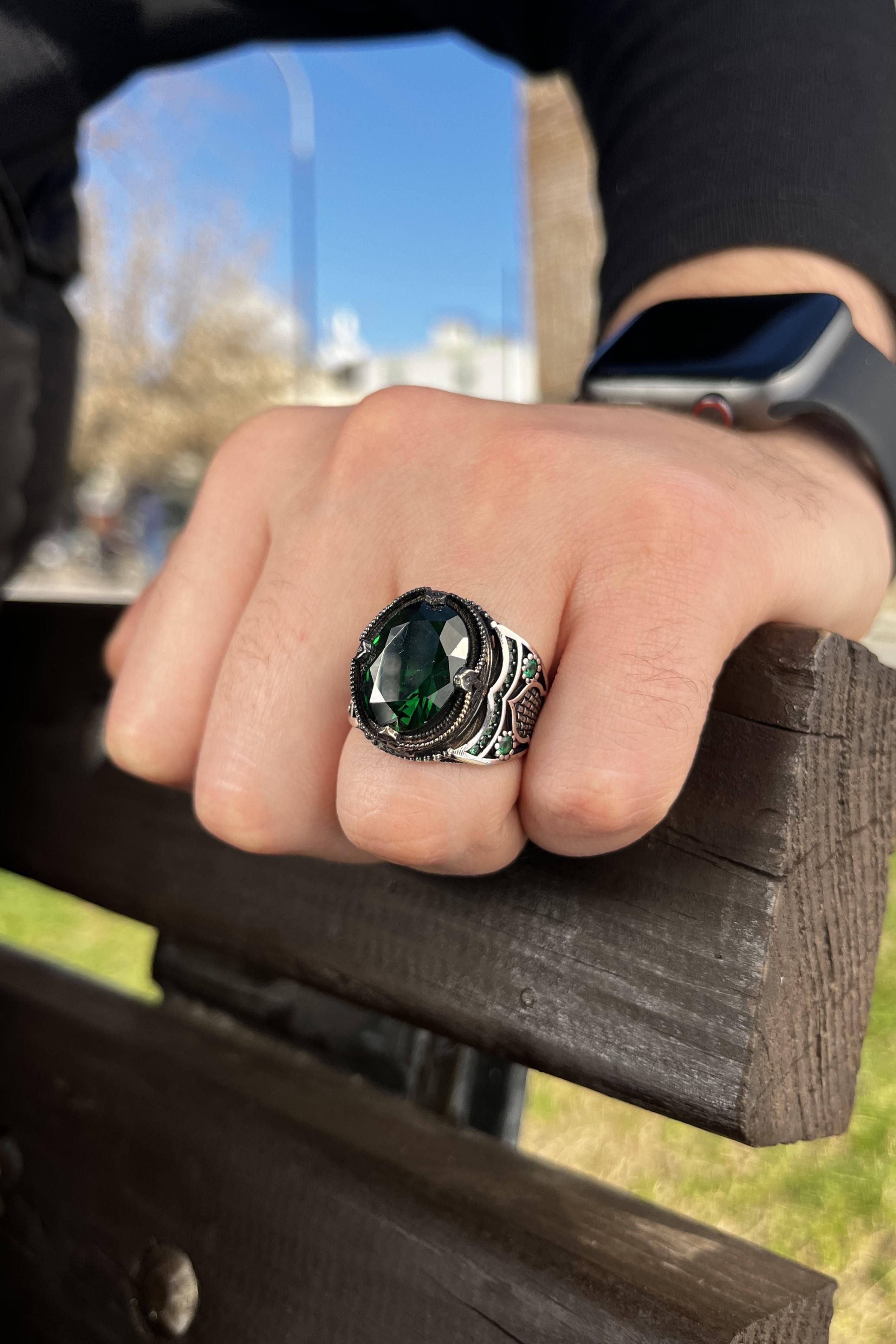 Kapadokya Serisi Emerald Green 925 K Silver Men's Ring