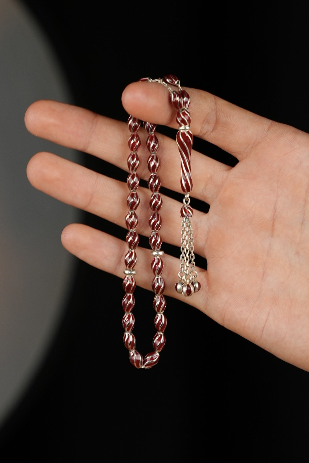 Enamel Engraved Prayer Beads Silver