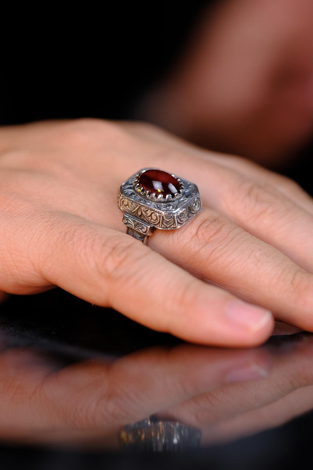 Ottoman Pressed Amber Koleksiyonluk Silver Ring Usta Handcrafted Sefer