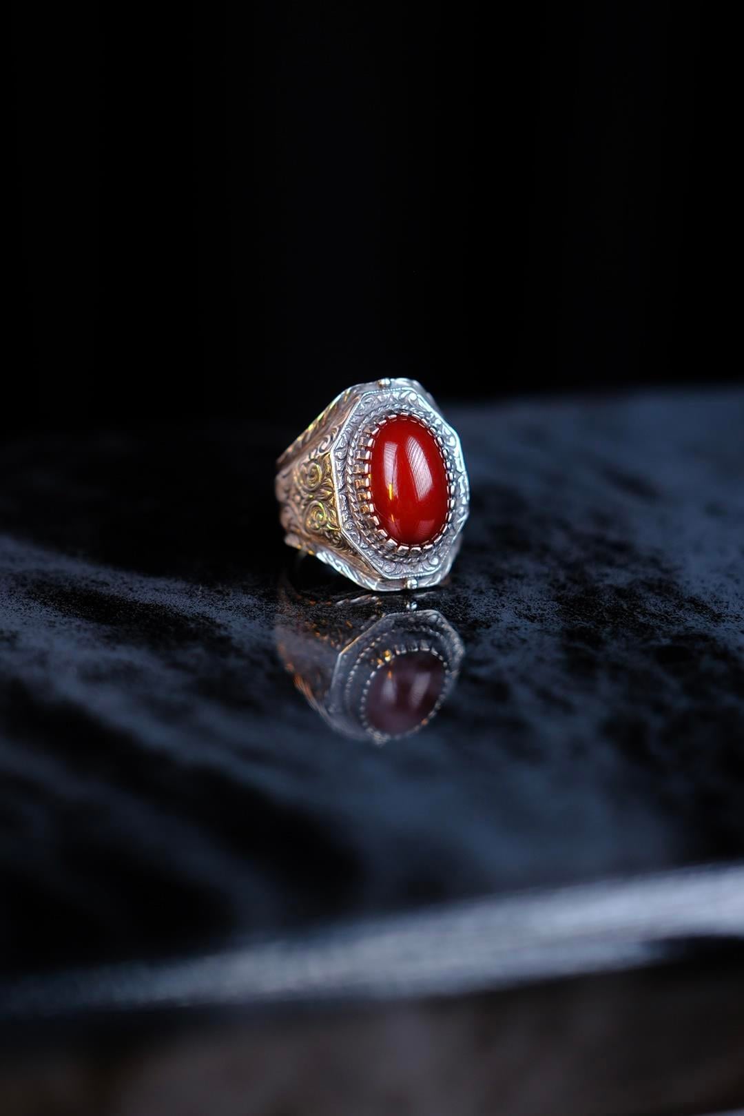Ottoman Pressed Amber Koleksiyonluk Silver Ring Usta Handcrafted Baybars