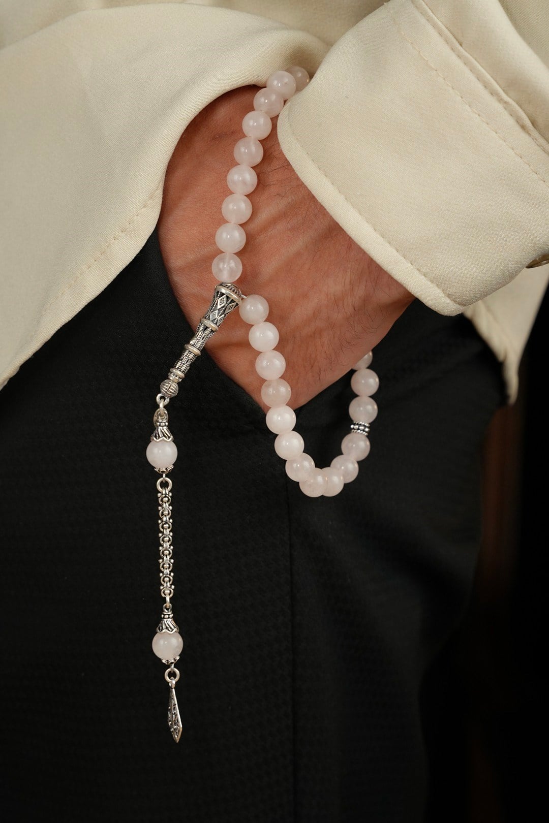 Pink Quartz Prayer Beads Silver Design