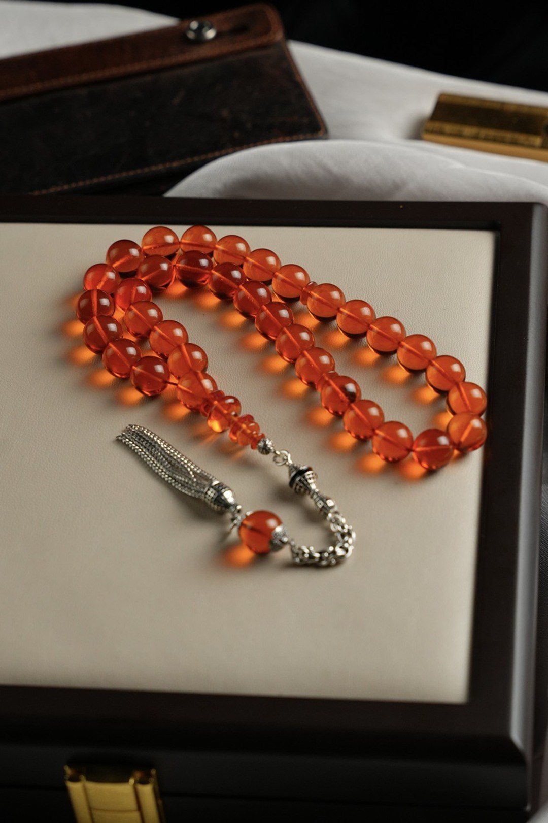 Terra Serisi Sphere Metal Design Orange Fire-i Pressed Amber Prayer Beads
