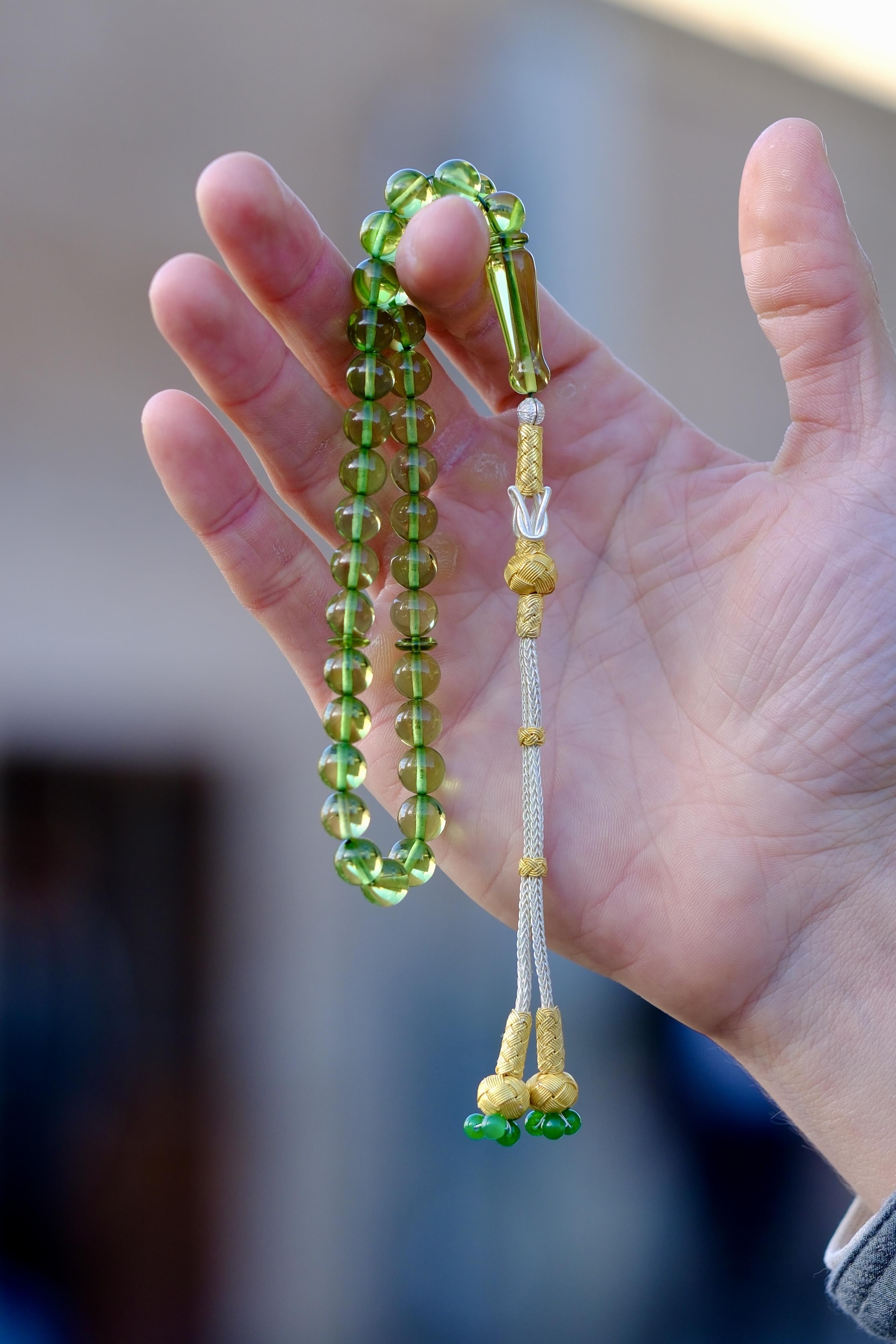 Green Kaya Drop Amber Special Design Silver Kazaz Kamçı