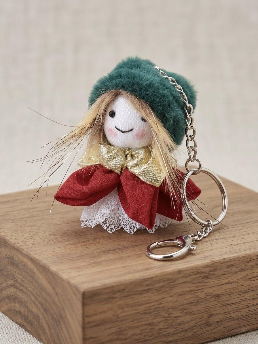 El Yapımı Kırmızı Elbiseli Peluş Şapkalı Şirin Bez Bebek Çanta Süsü ve Anahtarlık