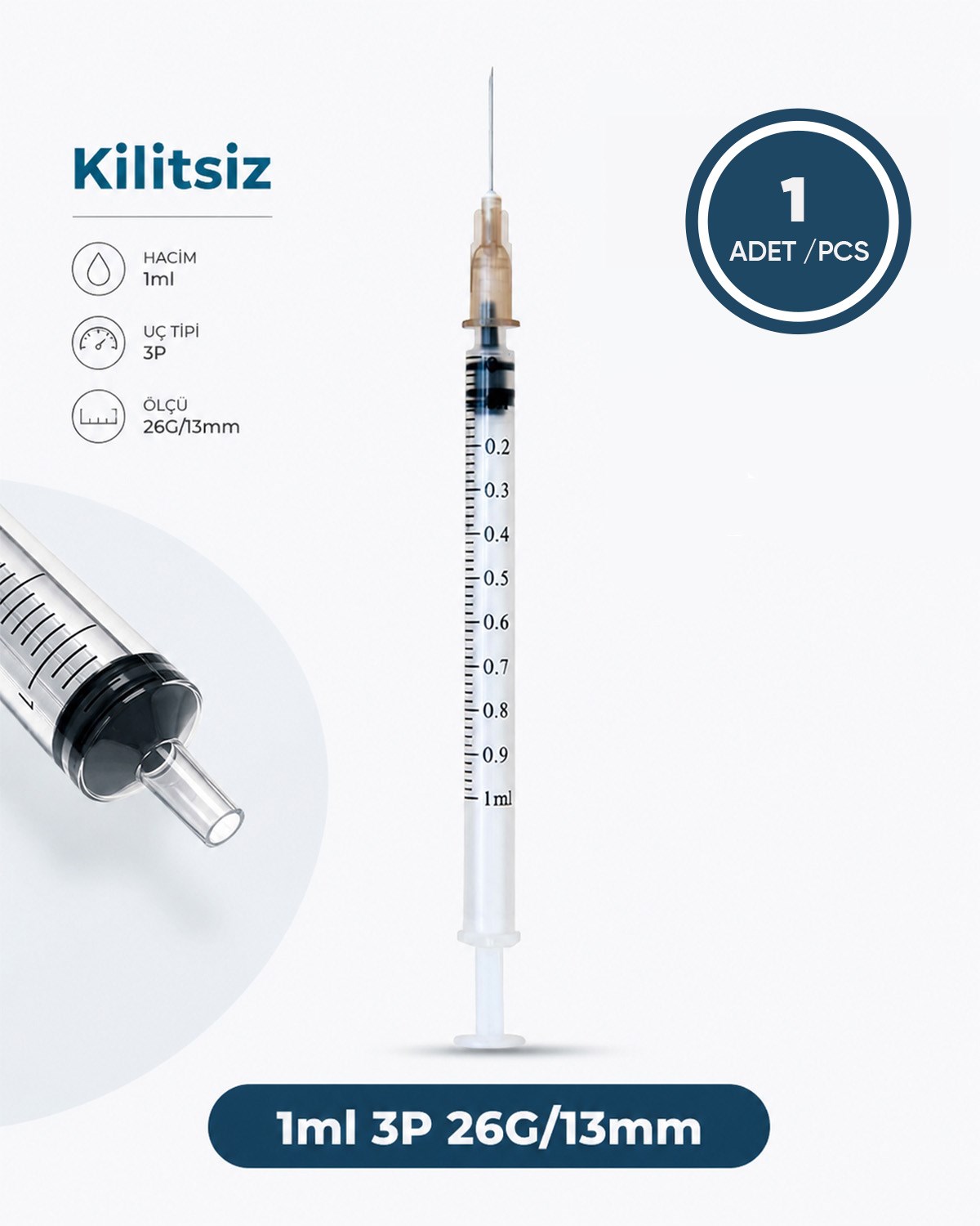 01 ml. , 3 Parçalı , 26G (0.33mm.), 13mm,Şeffaf İğneli Enjektör, Şırınga 1 Ad./Pkt.