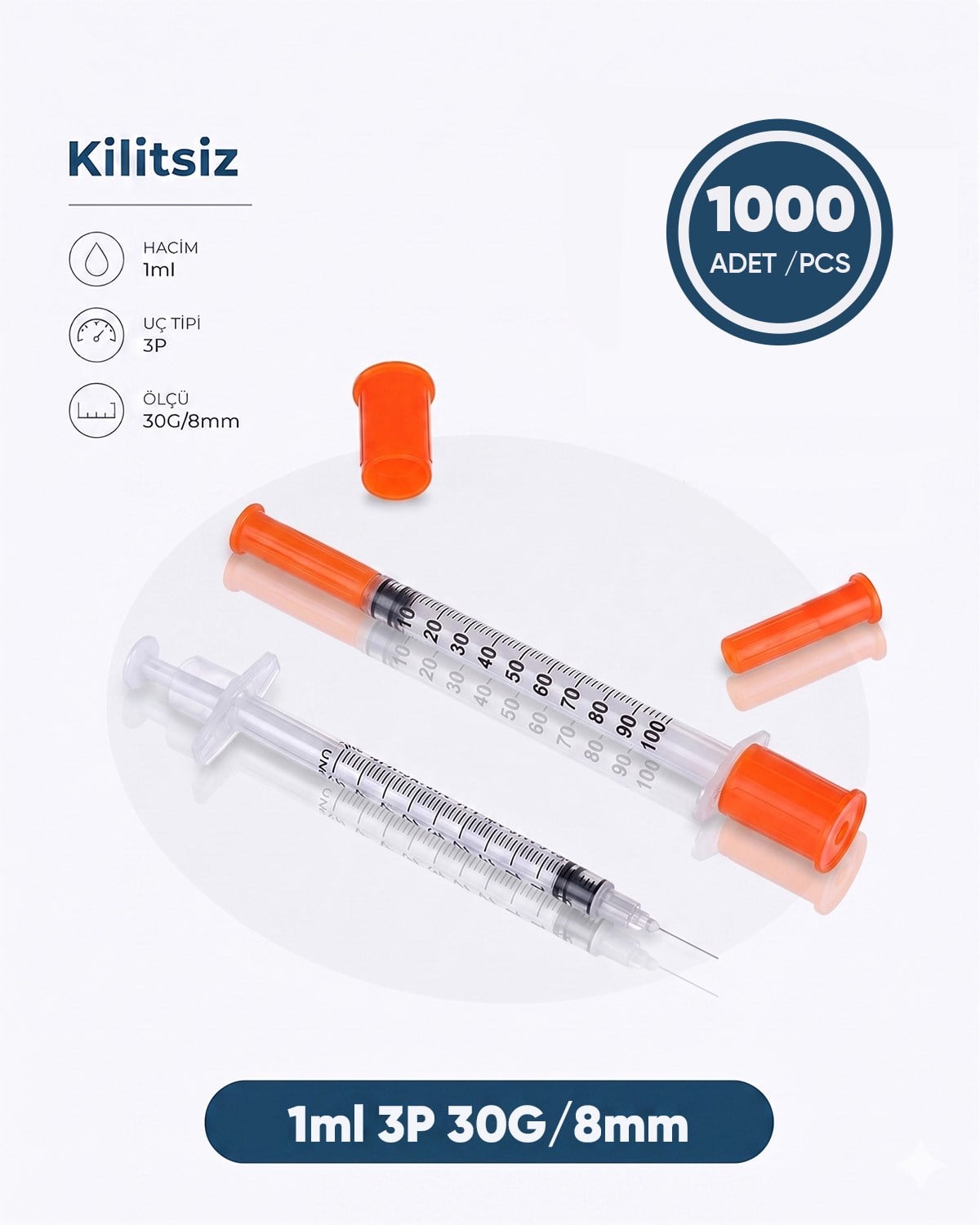 01 ml. , 3 Parçalı , 30G (0.3mm.), 8mm, Enjektör,Süper İnsülin Şırıngası, Mezoterapi ve Botoks İğnesi 1000 Ad./Pkt.