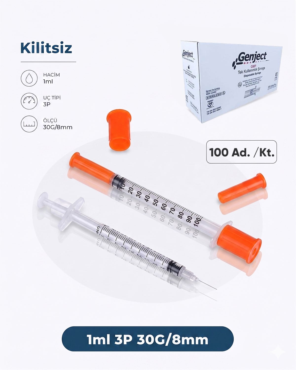 01 ml. , 3 Parçalı , 30G (0.3mm.), 8mm, Enjektör,Süper İnsülin Şırıngası, Mezoterapi ve Botoks İğnesi 100 Ad./Pkt.
