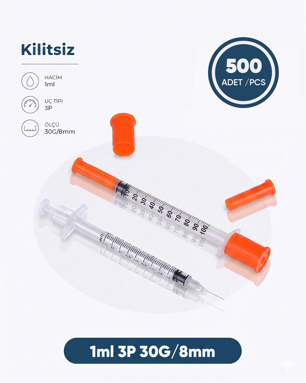 01 ml. , 3 Parçalı , 30G (0.3mm.), 8mm, Enjektör,Süper İnsülin Şırıngası, Mezoterapi ve Botoks İğnesi 500 Ad./Pkt.