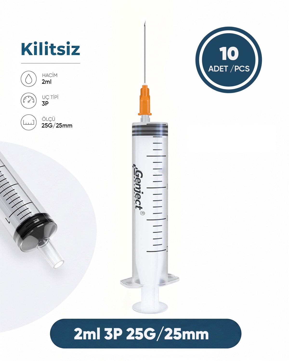 02 ml. , 3 Parçalı , 25G (0.51mm.), 25mm, Turuncu İğneli Şırınga, Enjektör 10 Ad./Pkt.