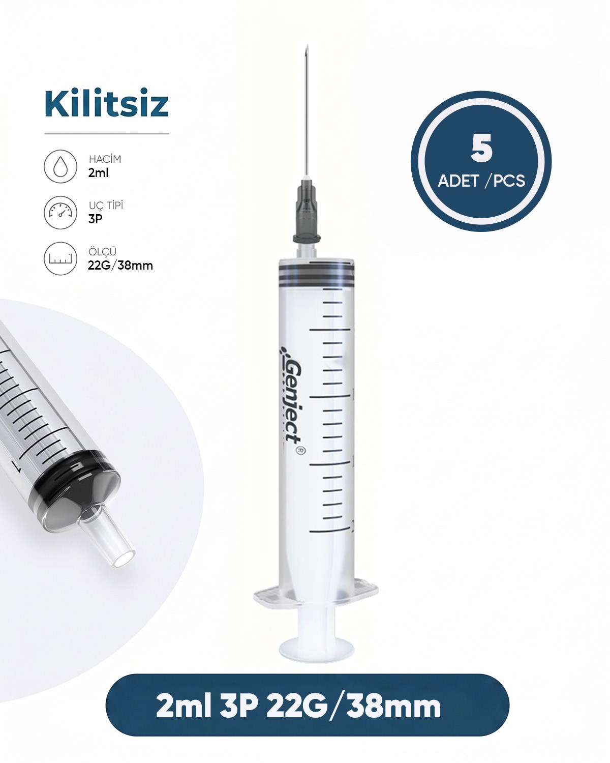 02 ml. , 3 Parçalı , 22G (0.72mm.), 38mm,Yeşil İğneli Şırınga, Enjektör 5 Ad./Pkt.
