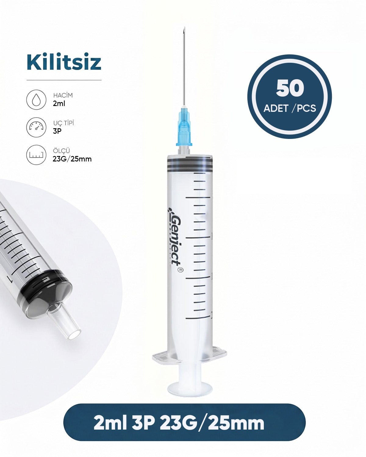 02 ml. , 3 Parçalı , 23G (0.64mm.), 25mm,Mavi İğneli Şırınga, Enjektör 50 Ad./Pkt.