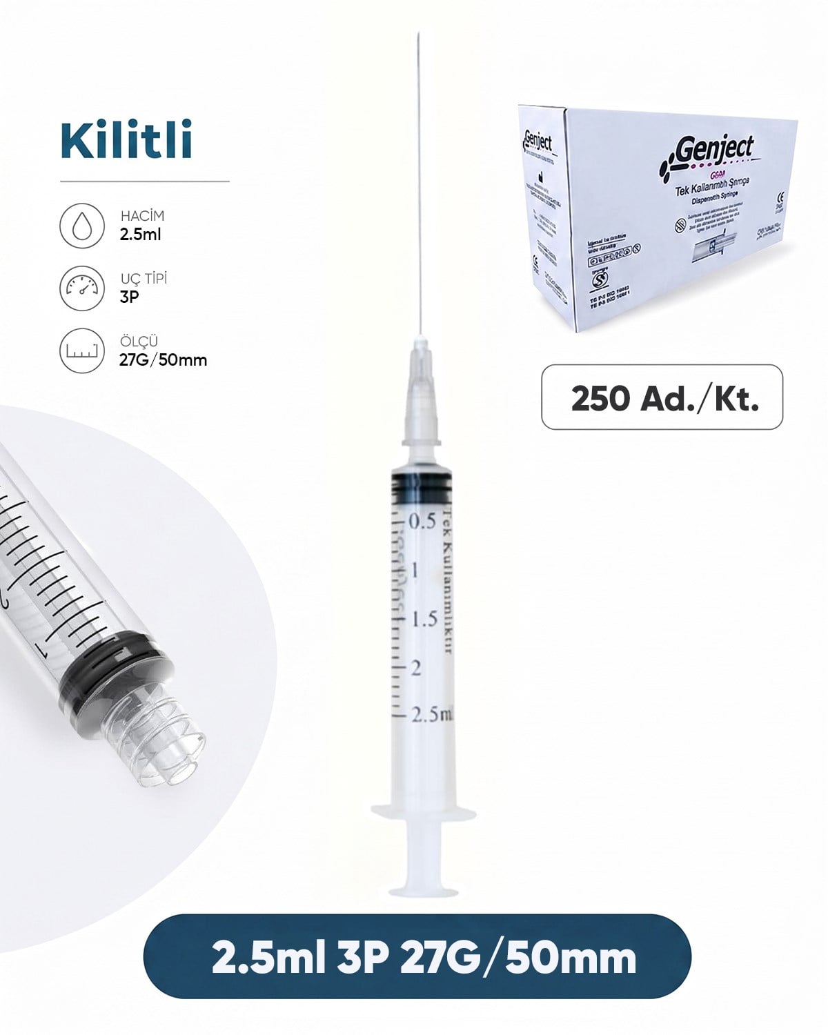 02,5 ml. , 3 Parçalı , 27G (0.41mm.), 40mm,Gri İğneli Dental Şırınga, LUER-LOCK Kilitli Dental Enjektör  250 Ad./Pkt.